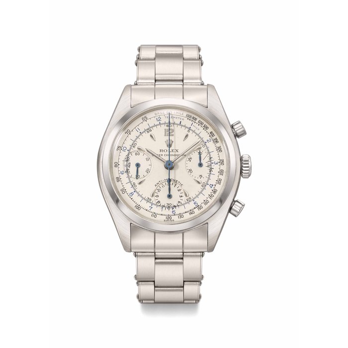 Rolex. A fine and attractive stainless steel multiscale chronograph wristwatch with bracelet Signed Rolex, Oyster Chronograph, Anti-Magnetic, Ref. 6034, case number 907'770, manufactured in 1952