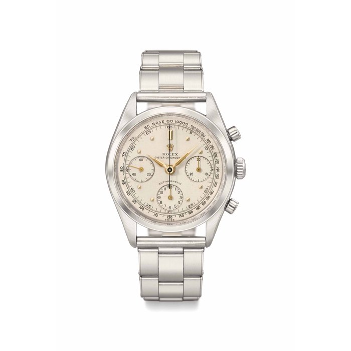 Rolex. A very fine stainless steel chronograph wristwatch with tachymeter only and bracelet Signed Rolex, Oyster Chronograph, Antimagnetic, ref. 6234, case no. 385’793, circa 1958