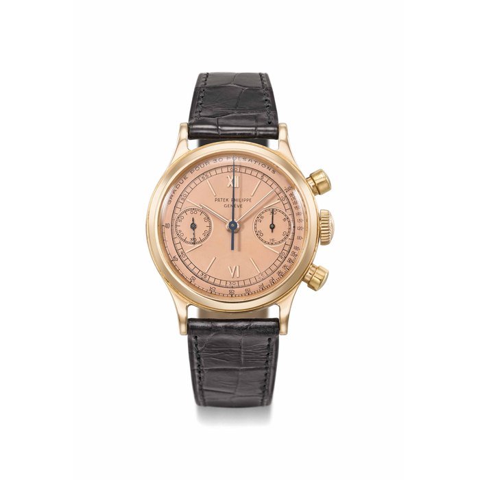 Patek Philippe Patek Philippe. A rare and attractive 18K pink gold chronograph wristwatch with pink pulsometer dial calibrated for 30 pulsations Signed Patek Philippe, Genève, ref. 1463, movement no. 863'919, case no. 644'761, manufactured in 1946 · 1463