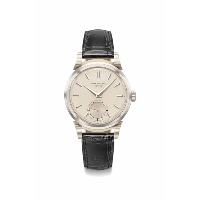 Patek Philippe. A very fine and possibly unique 18K white gold wristwatch with scroll lugs and box Signed Patek Philippe, Genève, ref. 1491, movement no. 969'734, case no. 672'645, manufactured in 1951