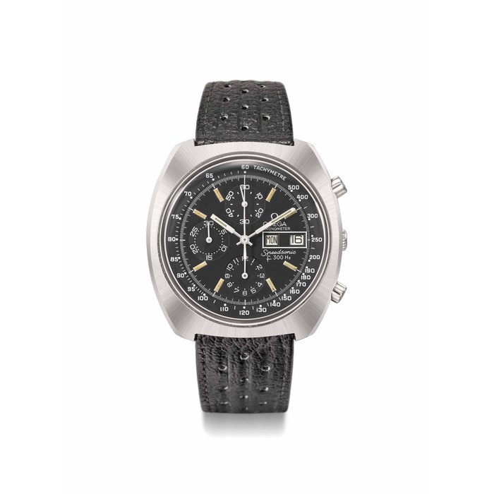 Omega. A very fine and rare automatic stainless steel star case chronograph wristwatch with radial dial, day and date, Project Alaska III Signed Omega, Chronometer, Speedsonic F300 Hz, Movement No. 38’412’645, Case Ref. 188’002 Star Watch Case Co., Manufactured in 1975