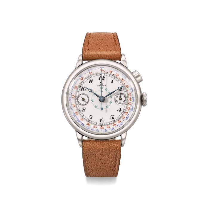 OMEGA. A RARE AND EARLY STAINLESS STEEL SINGLE-BUTTON CHRONOGRAPH WRISTWATCH WITH BREGUET NUMERALS AND MULTI-SCALE ENAMEL DIAL SIGNED OMEGA, REF. CK 710 AF, MOVEMENT NO. 9’372’663, CASE NO. 8’845’345, MANUFACTURED IN 1934