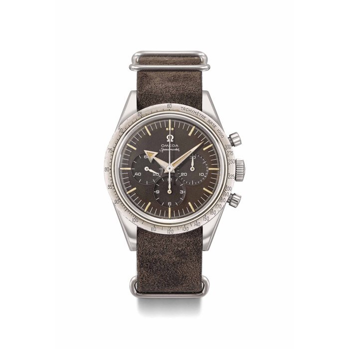 Omega Omega. An extremely rare stainless steel water-resistant chronograph wristwatch with tropical brown dial Signed Omega, Speedmaster, Ref. CK 2915-2, Broad Arrow model, movement no. 15'997'741, manufactured in 1958