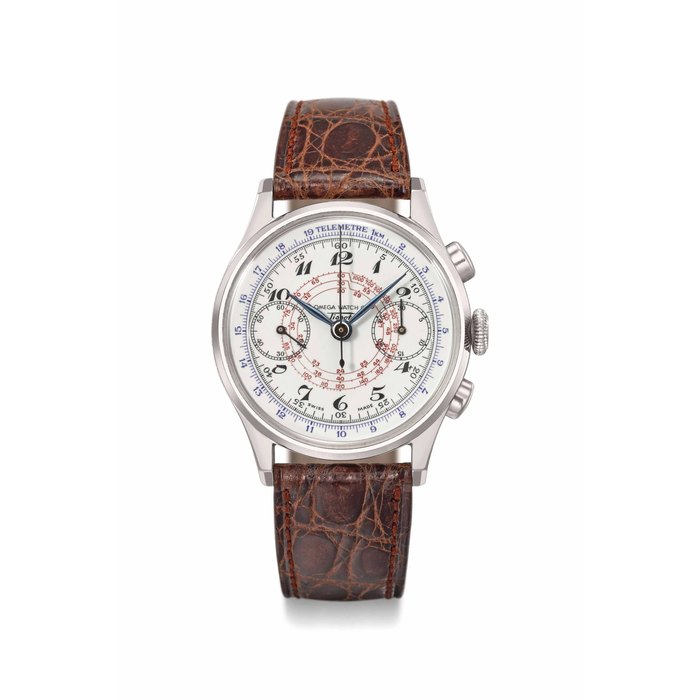 Omega Watch Co. Tissot. A fine and very rare stainless steel chronograph wristwatch with enamel multi-scale dial and Breguet numerals Signed Omega Watch Co. Tissot, ref. 6201/2, movement no. 1’653’487, circa 1935