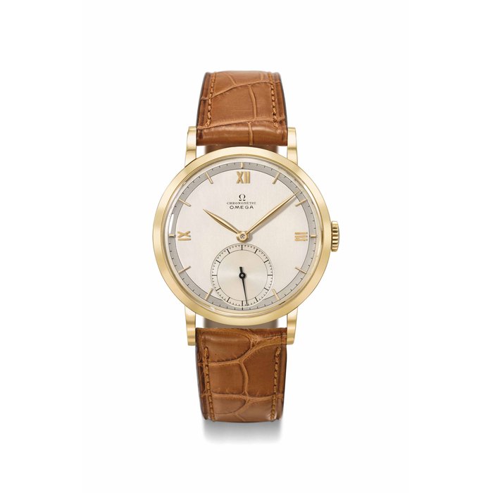 Omega. A fine and very elegant 18K gold chronometer wristwatch with two-tone silvered dial Signed Omega, Chronomètre, ref. OT 2366, movement no. 10’368’751, case no. 10’691’497, manufactured in 1946