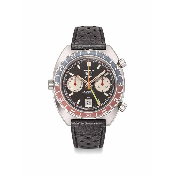 Heuer. A Fine Stainless Steel tonneau-shaped Automatic Dual Time Chronograph Wristwatch with date and “tropical dial” Signed Autavia, Heuer, GMT, Automatic, Chronograph, Ref. 1163, case no. 225’768, Circa 1970