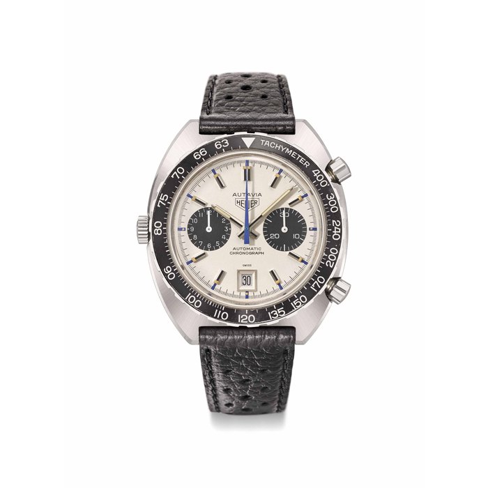 Heuer. A Fine Stainless Steel tonneau-shaped Automatic Chronograph Wristwatch with date Signed Autavia, Heuer, Automatic, Chronograph, Ref. 1163T, case no. 204’657, Circa 1971