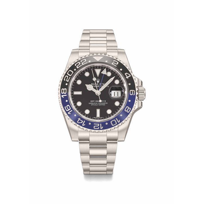 ROLEX. A FINE, RARE AND NEW OLD STOCK STAINLESS STEEL DUAL TIME AUTOMATIC WRISTWATCH WITH DATE, BLUE AND BLACK CERAMIC BEZEL, BRACELET, GARANTIE AND BOX, MADE FOR THE SULTANATE OF OMAN SIGNED ROLEX, OYSTER PERPETUAL DATE, GMT-MASTER II, REF. 116710BLNR, CASE NO. 5443M448, CIRCA 2015