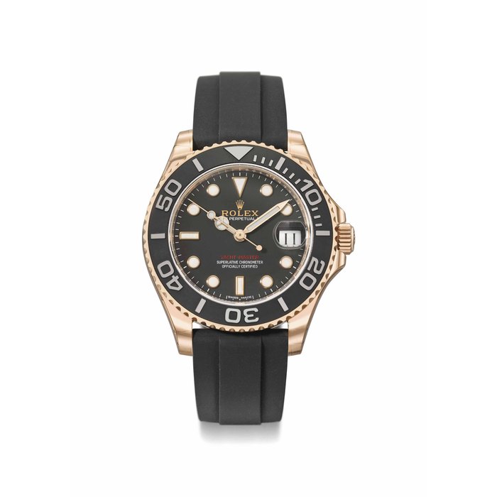 Rolex. A fine and rare 18K pink gold “Everose” automatic wristwatch with centre seconds, date, black rubber “Oysterflex” bracelet, 18K pink gold “Everose” deployant clasp, Certificate and box Signed Rolex, Oyster Perpetual Date, Yacht-Master, ref. 268655, case no. 7J07J783, manufactured in 2016