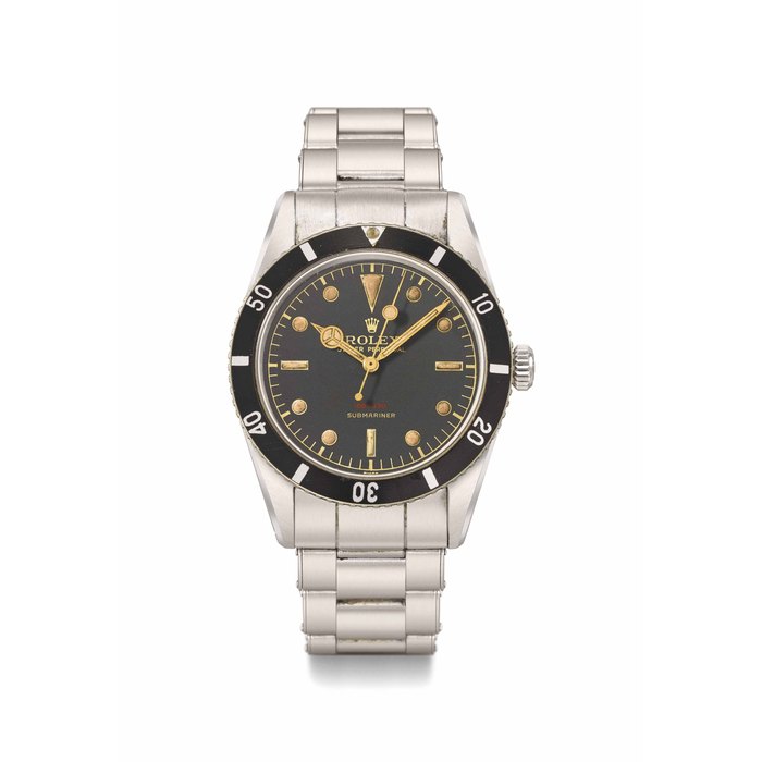 ROLEX. AN EXTREMELY RARE AND EARLY STAINLESS STEEL AUTOMATIC WRISTWATCH WITH SWEEP CENTRE SECONDS, RED DEPTH RATING AND BRACELET SIGNED ROLEX, OYSTER PERPETUAL, 100/330, SUBMARINER, REF. 6536-1, CASE NO. 112’517, CIRCA 1955