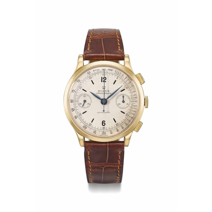 ROLEX. A VERY RARE AND ATTRACTIVE 18K GOLD CHRONOGRAPH WRISTWATCH SIGNED ROLEX, CHRONOGRAPH, ANTIMAGNETIC, REF. 3695, CASE NO. 56’807, CIRCA 1940