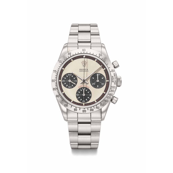 Rolex ROLEX. A VERY FINE AND RARE STAINLESS STEEL CHRONOGRAPH WRISTWATCH WITH PAUL NEWMAN DIAL, BRACELET AND GUARANTEE SIGNED ROLEX, COSMOGRAPH, DAYTONA, REF. 6239, CASE NO. 2’005’335, CIRCA 1969 · 6239