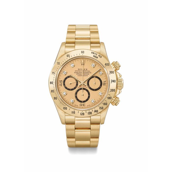 Rolex ROLEX. A VERY FINE AND RARE 18K GOLD AUTOMATIC CHRONOGRAPH WRISTWATCH WITH BRACELET, CHAMPAGNE AND DIAMOND-SET DIAL SIGNED ROLEX, OYSTER PERPETUAL, COSMOGRAPH, DAYTONA, REF. 16528, CASE NO. X434981, CIRCA 1991 · 16528