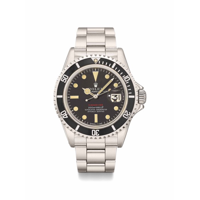 ROLEX. A STAINLESS STEEL AUTOMATIC WRISTWATCH WITH SWEEP CENTRE SECONDS, DATE AND BRACELET SIGNED ROLEX, OYSTER PERPETUAL, RED SUBMARINER MODEL, 200M=660FT, REF. 1680, CASE NO. 2’215’989, CIRCA 1969