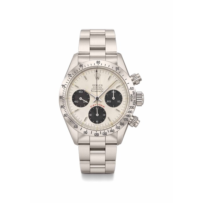 ROLEX. A VERY FINE AND RARE STAINLESS STEEL CHRONOGRAPH WRISTWATCH WITH BRACELET AND CONFIRMATION OF SALE LETTER FROM TIFFANY & CO., NEW YORK SIGNED ROLEX, OYSTER, COSMOGRAPH, DAYTONA, RETAILED BY TIFFANY & CO., REF. 6265, CASE NO. 6’197’309, CIRCA 1980