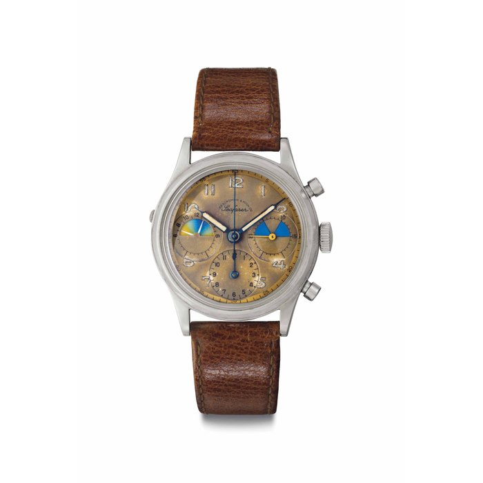 Heuer. A Very Rare and Early Stainless Steel Chronograph Wristwatch with "Tropical" Dial Signed Heuer, Retailed by Abercrombie & Fitch, Seafarer Model, Ref. 346, Movement No. 752'690, Case No. 80'253, Circa 1952