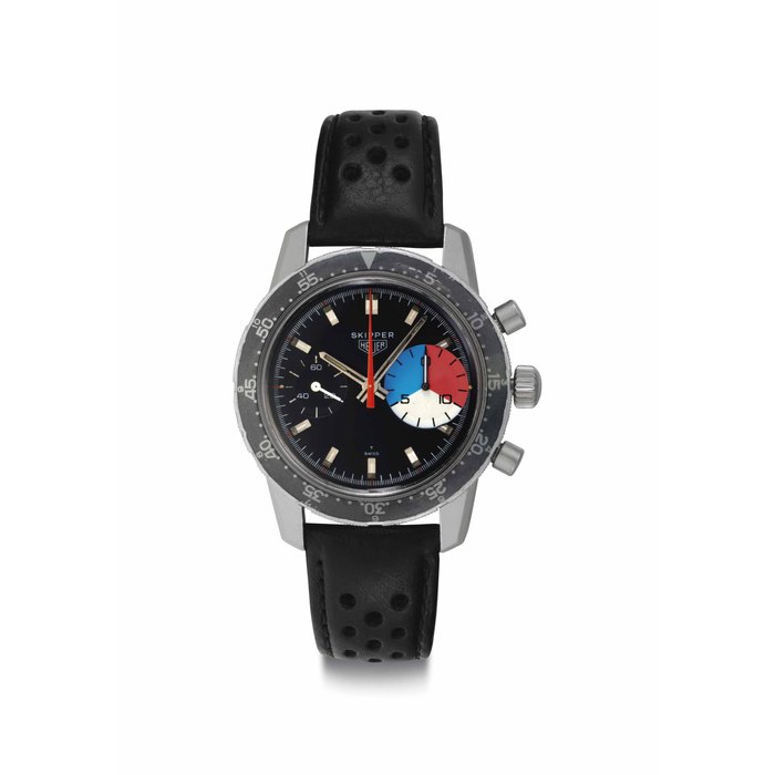 Heuer. A Fine Stainless Steel Chronograph Wristwatch Signed Heuer, Skipper Model, Case Ref. 7763, Case No. 134'542, Circa 1969
