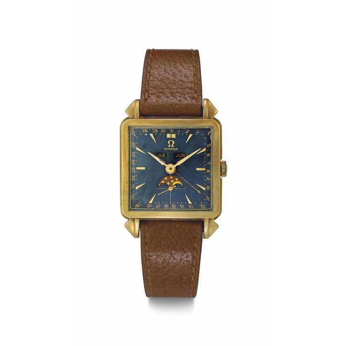 Omega. A Fine 18k Pink Gold Square-shaped Triple Calendar Wristwatch with Moon Phases and Black Dial Signed Omega, Ref. OT 3944, Movement No. 12'877'540, Case No. 11'116'912, 3944, Manufactured in 1954