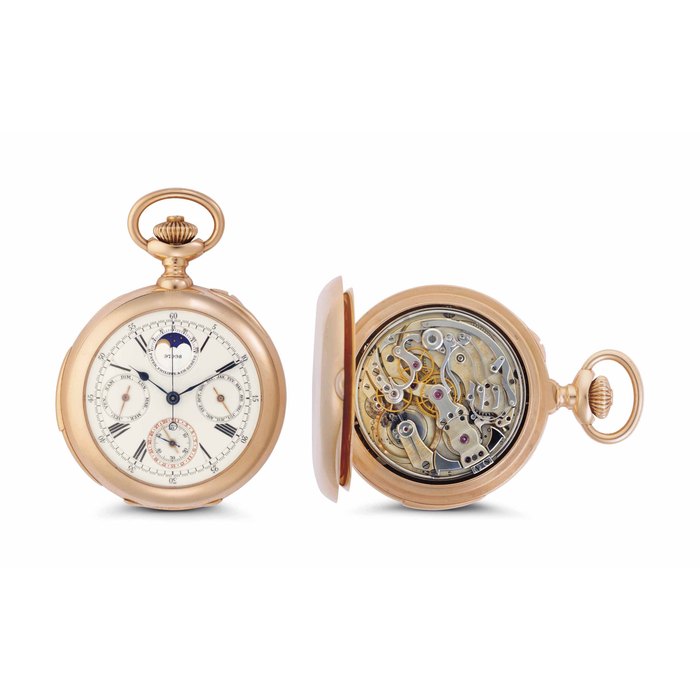 Patek Philippe. A Fine and Rare 18k Pink Gold Minute Repeating Perpetual Calendar Openface Pocket Watch with Moon Phases Signed Patek Philippe & Cie, Genève, Movement No. 97'998, Case No. 227'018, Manufactured in 1898