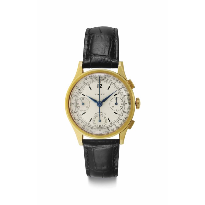 Rolex. A Very Fine and Rare 18k Pink Gold Chronograph Wristwatch Signed Rolex, Anti-magnetic, Ref. 3330, Case No. 46'498, Circa 1940