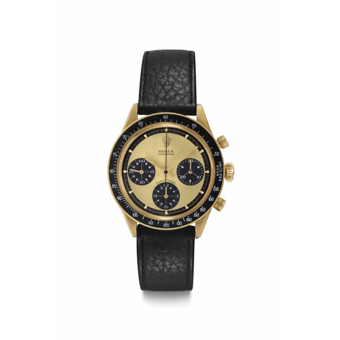 Rolex. An Extremely Rare, Fine, and Attractive 18k Gold Chronograph Wristwatch with Lemon "Paul Newman" Dial and White Numerals to the Subsidiary Dials Signed Rolex, Cosmograph, Daytona, Paul Newman Model, Ref. 6264, Case No. 2'357'452, Circa 1969