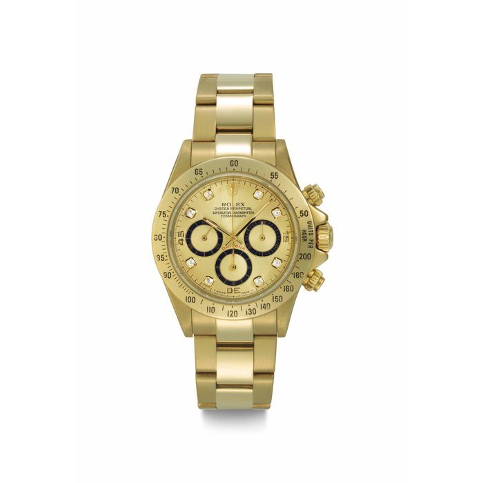 Rolex Rolex. A Fine and Rare 18k Gold and Diamond-set Automatic Chronograph Wristwatch with Bracelet and Champagne Dial Signed Rolex, Oyster Perpetual, Cosmograph, Daytona, Ref. 16528, Case No. R'984'022, Circa 1987 · 16528