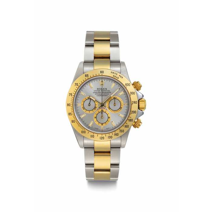Rolex. A Fine Stainless Steel and Gold Automatic Chronograph Wristwatch with Bracelet and Grey Sunburst Dial Signed Rolex, Oyster Perpetual, Cosmograph, Daytona, Ref. 16523, Case No. A'797'829, Circa 2000