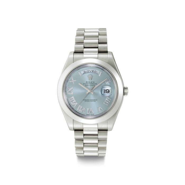 Rolex. A Fine and Heavy Platinum and Diamond-set Automatic Wristwatch with Day, Date, Center Seconds and Bracelet Signed Rolex, Oyster Perpetual, Day-Date II, Ref. 218206, Case No. L'75K'0741, Circa 2011