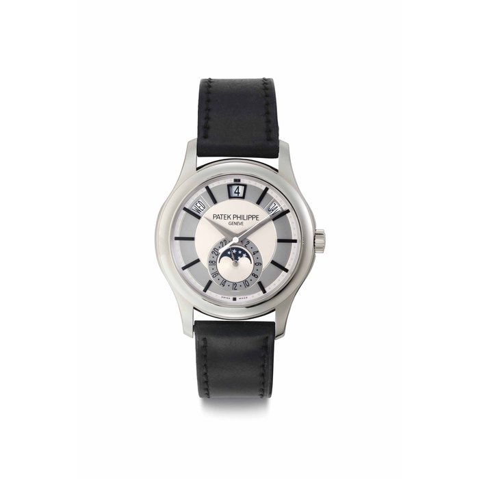 Patek Philippe. A Fine 18k White Gold Automatic Annual Calendar Wristwatch with 24 Hour Indication, Center Seconds, Moon Phases and Unusual Lugs Signed Patek Philippe, Genève., Ref. 5205G, Movement No. 5'614'150, Case No. 4'554'554, Manufactured in 2011