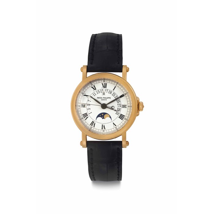 Patek Philippe. A Fine 18k Pink Gold Automatic Perpetual Calendar Wristwatch with Retrograde Date, Center Seconds and Moon Phases Signed Patek Philippe, Genève, Ref. 5059R, Movement No. 3'236'798, Case No. 4'292'556 Manufactured in 2005