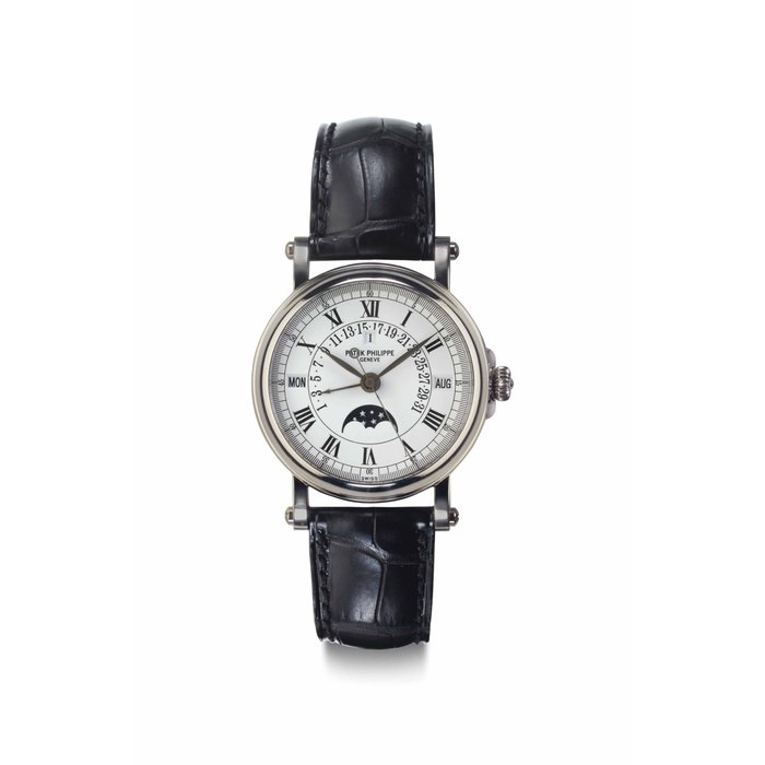 Patek Philippe. A Fine 18k White Gold Automatic Perpetual Calendar Wristwatch with Retrograde Date, Center Seconds and Moon Phases Signed Patek Philippe, Genève, Ref. 5059G, Movement No. 1958616, Case No. 4128141, Manufactured in 1999