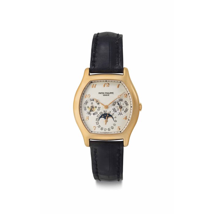 Patek Philippe. A Fine 18k Pink Gold Tonneau-Shaped Automatic Perpetual Calendar Wristwatch with Moon Phases and Breguet Numerals Signed Patek Philippe, Genève, Ref. 5040R, Movement No. 3'677'461, Case No. 4'404'986, Manufactured in 2007