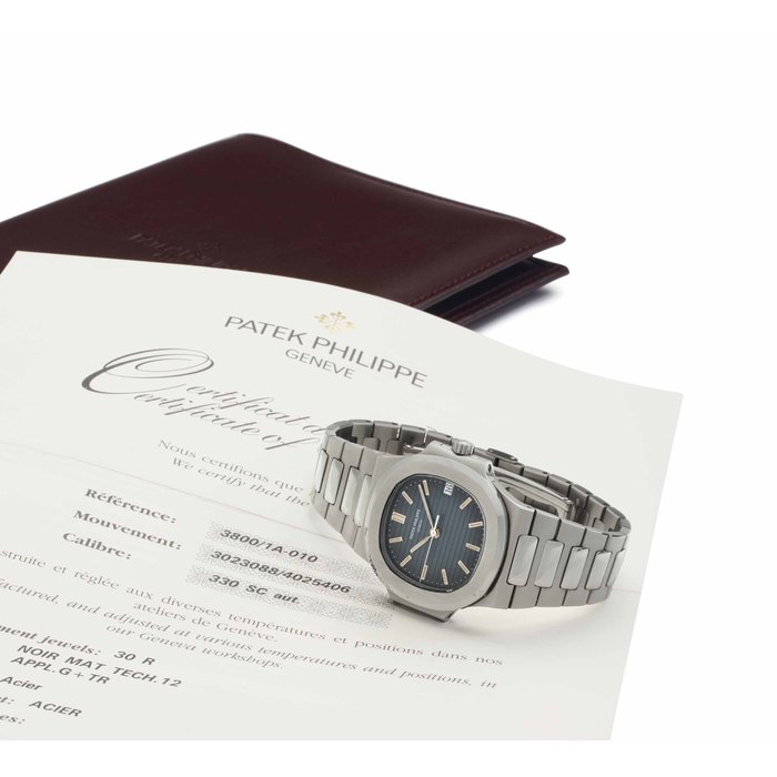 Patek Philippe. A Fine Stainless Steel Automatic Wristwatch with Date, Center Seconds and Bracelet Signed Patek Philippe, Genève, Nautilus Model, Ref. 3800/1A, Movement No. 3'023'088, Case No. 4'025'406, Manufactured in 1997