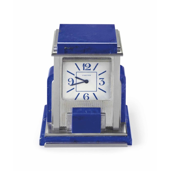 A Fine Silver Plated, Lead Glass and Lapis Lazuli Rectangular-shaped "Mystery" Desk Clock Signed Cartier, Case No. 91180447, Movement No. 90/150, Circa 1980