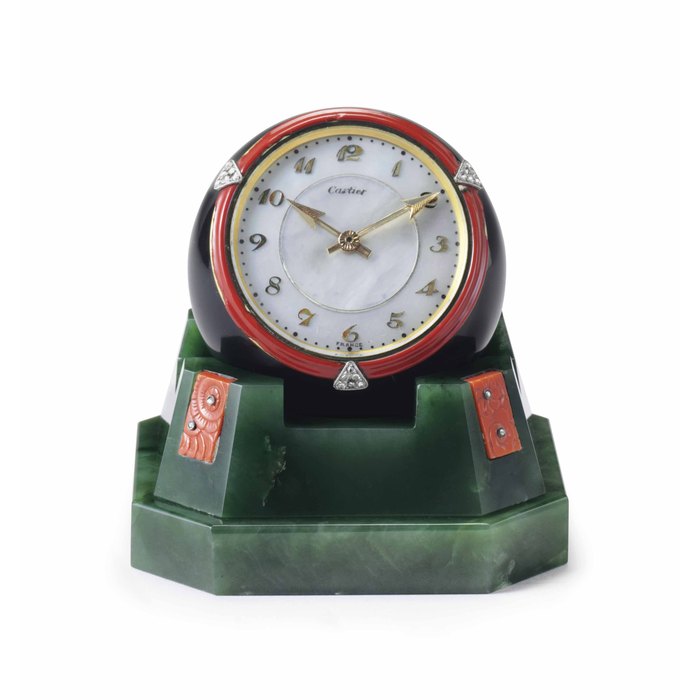 Cartier. An Extremely Fine and Rare Nephrite, Onyx, Coral, Mother-of-Pearl and Diamond-set Desk Clock Signed Cartier, European Watch & Clock Co., Case No's. 1599, 696, 3007, Movement No. 2236381, Circa 1920