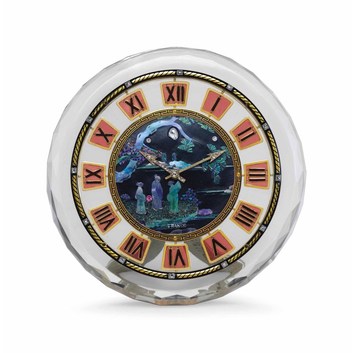 Cartier. A Very Fine 18k Gold, Rock Crystal, Mother-of-Pearl, Enamel, Diamond and Gem-set Desk Clock Signed Cartier, European Watch & Clock Inc., France, Case No.'s 3768 2060, 1135 0701, Movement No. 2'978'7610, Circa 1925