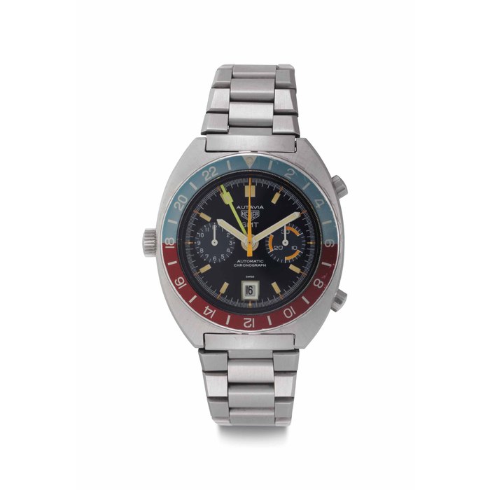 Heuer. A Fine Stainless Steel Automatic Dual Time Chronograph Wristwatch with Date and Bracelet, Made for the Argentinian Air Force Signed Heuer, Autavia, GMT, Ref. 11630, Case No. 345'091, Circa 1973