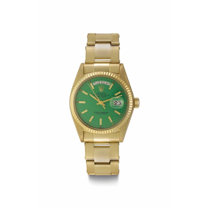 Rolex. A Very Fine and Attractive 18k Gold Automatic Wristwatch with Day, Date, Center Seconds, Bracelet, and Green "Stella" Dial Signed Rolex, Oyster Perpetual, Day-Date, Ref. 1803, Case No. 4'167'407, Circa 1975