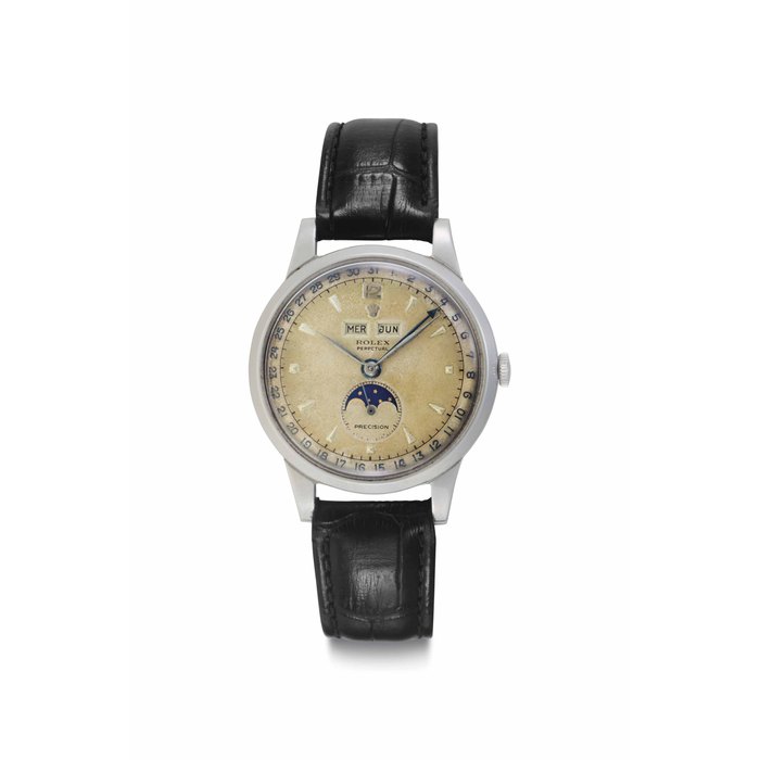 Rolex. A Very Rare Stainless Steel Automatic Triple Calendar Wristwatch with Moon Phases Signed Rolex, Perpetual, Officially Certified Chronometer, Ref. 8171, Case No. 902'479, Circa 1953