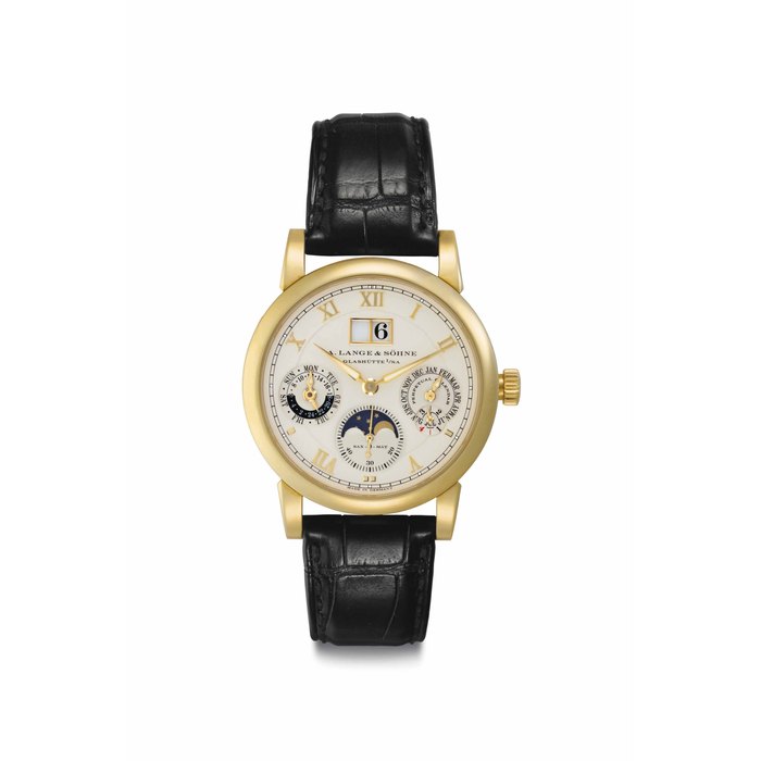 A. Lange & Söhne. A Fine 18k Gold Automatic Perpetual Calendar Wristwatch with 24 Hour Indication and Moon Phases Signed A. Lange & Söhne, Glashütte I/SA, Langematik Perpetual Model, Ref. 310.021FE, Movement No. 53'348, Case No. 168'222, Circa 2010