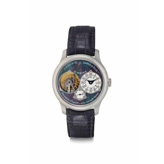 F.P.Journe. A Very Rare Platinum Limited Edition Tourbillon Wristwatch with Constant Force Remontoir, Power Reserve, Dead Beat Second and Black Mother-of-Pearl Dial Signed F.P.Journe, Invenit et Fecit, Remontoir d'Egalité avec Seconde Morte, Tourbillon Souverain Model, No. 285-TN, Circa 2007