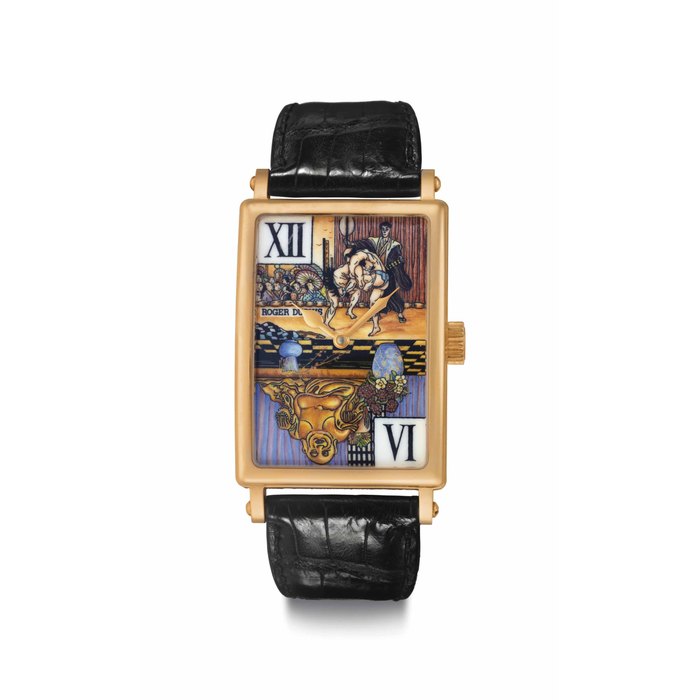 Roger Dubuis. A Fine, Large and Rare 18k Pink Gold Limited Edition Automatic Rectangular-shaped Wristwatch with Enamel Dial Signed Roger Dubuis, MuchMore Model, No. 21/28, Ref. M34 57 5 CTA/BOU, Movement No. 4725, Manufactured in 2004