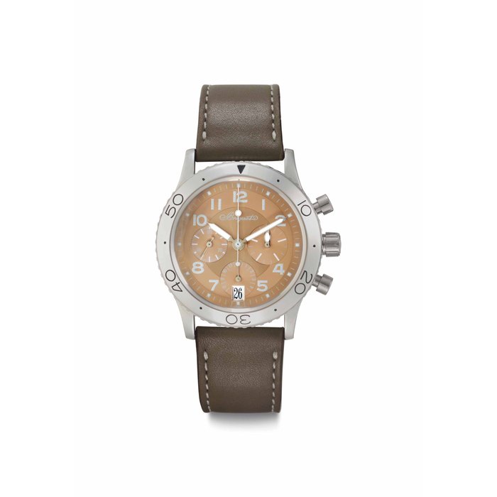 Breguet. A Fine and Heavy Automatic Platinum Chronograph Wristwatch with Date and Pink Dial Signed Breguet, Type XX, Transatlantique, Ref. 3820, Case No. 4224H, Circa 2000