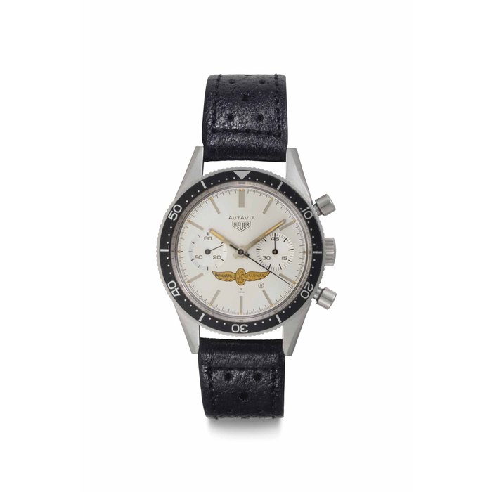 Heuer. A Very Fine and Extremely Rare Stainless Steel Chronograph Wristwatch with Center Seconds with Indianapolis Motor Speedway Logo Dial Signed Heuer, Autavia, Ref. 3646, Case No. 8'8847, Circa 1967