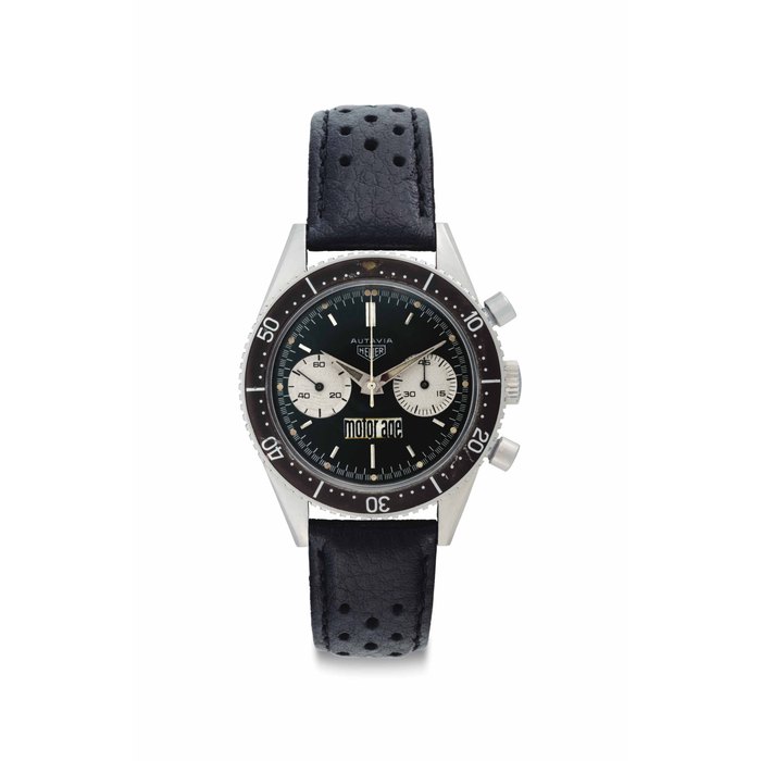Heuer. A Very Fine and Possibly Unique Stainless Steel Chronograph Wristwatch, Formerly Belonging to American Stock Car Racing Driver Marvin Panch Signed Heuer, Autavia, Motor Age, Ref. 3646, No. 59'320, Circa 1964