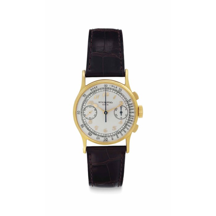 Patek Philippe. A Rare and Historically Important 18k Gold Chronograph Wristwatch with Breguet Numerals, Belonging to American Major League Baseball Legend Joe DiMaggio Signed Patek Philippe & Co., Genève, Ref. 130, Movement No. 867'276, Case No. 653'346, Manufactured in 1947