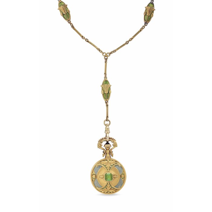Marcus & Co Marcus & Co., A Fine 18k Gold, Enamel and Peridot Pendant Watch with Matching Chain and Brooch, Formerly Belonging to Florence Preston Graves Movement No. 109280, Case No. 504, Circa 1930, Price & Market Data