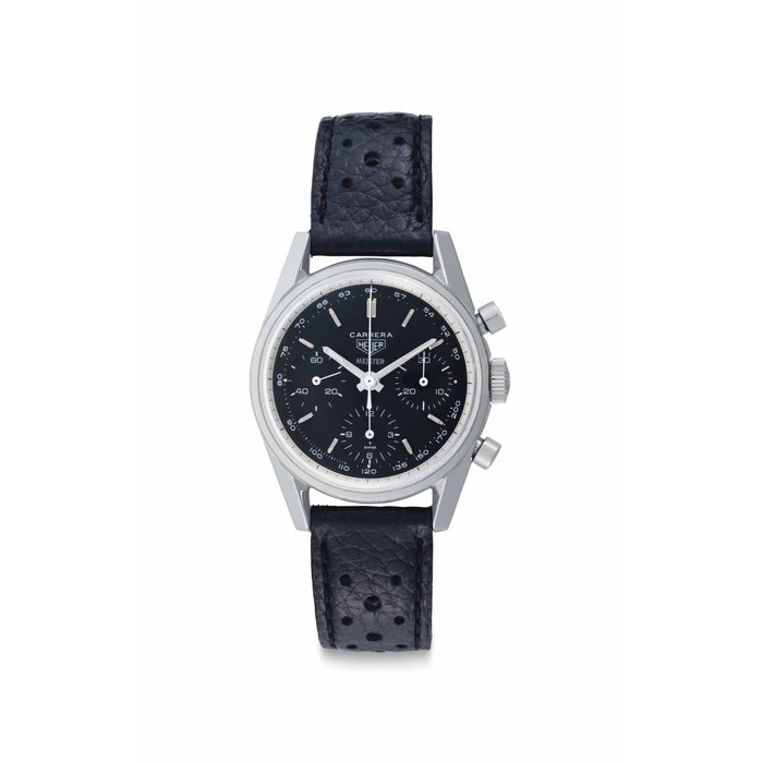 Heuer Heuer. A Fine and Very Rare Stainless Steel Chronograph Wristwatch with Black Dial Signed Heuer, Carrera, Retailed by Meister, Ref. 2447 NT, No. 79'493, Circa 1969, Price & Market Data