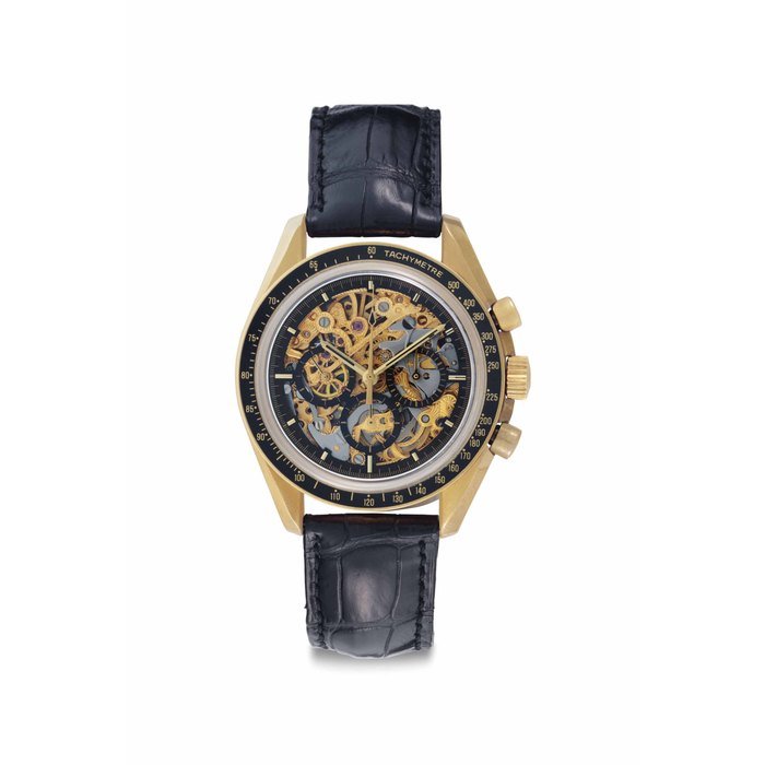 Omega Omega. A Fine, Rare and Attractive 18k Gold Skeletonized Chronograph Wristwatch Signed Omega, Speedmaster, Professional, No 9/50, Case No. 867/09, Manufactured in 1992