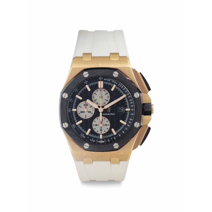Audemars Piguet. A Fine 18k Pink Gold and Ceramic Automatic Chronograph Wristwatch with Date Signed Audemars Piguet, Royal Oak Offshore, No. 1525, Ref. 26401RO, Movement No. 922'246, Case No. 178'830, Circa 2015